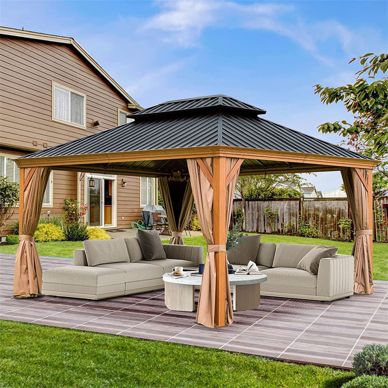 Outdoor Aluminum Patio Gazebo with Galvanized Steel Double Roof, 14 ft x 12 ft, Gray