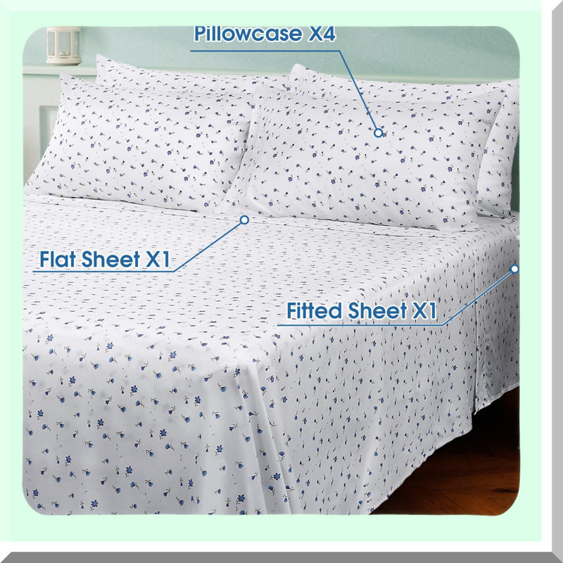 Blue Floral Brushed Microfiber Bedding Set - 6 Piece Printed Size Sheets, Deep Pocket, Wrinkle & Fade Free, Extra Soft 1800 Pattern Sheets