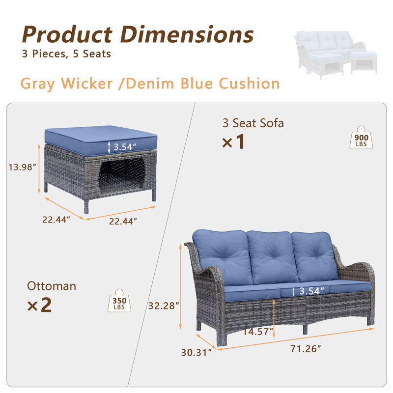 Seob 71.26'' Wide Patio Sofa with Cushions, Denim Blue