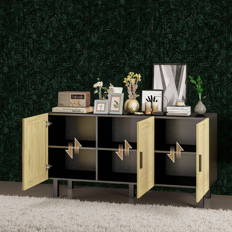 Sideboard Buffet Cabinet, Kitchen Cabinet, Coffee Bar Cabinet with 3 Rattan Doors, Black/Natural