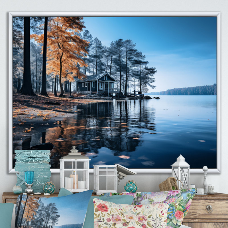 Lake Blue Lakeside Whispers - Lakes Lakehouse, art mural, H 12 po x l 20 po x P 1 po, Cadre flottant blanc