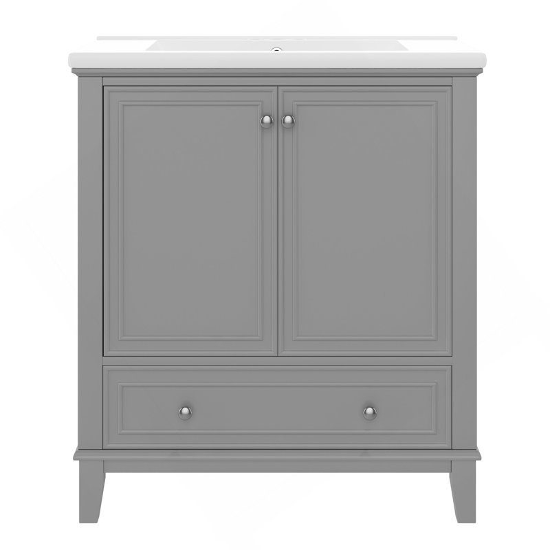 Meuble-lavabo multifonctionnel avec portes et tiroir, cadre et panneau de fibres à densité moyenne, gris , Gris
