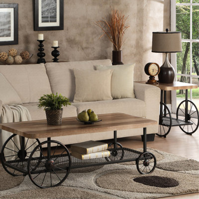 Industrial Rectangular End Table With Oak Facade, Shelf, Wheels For Crafting Tasks Shelf Dining Multitasking