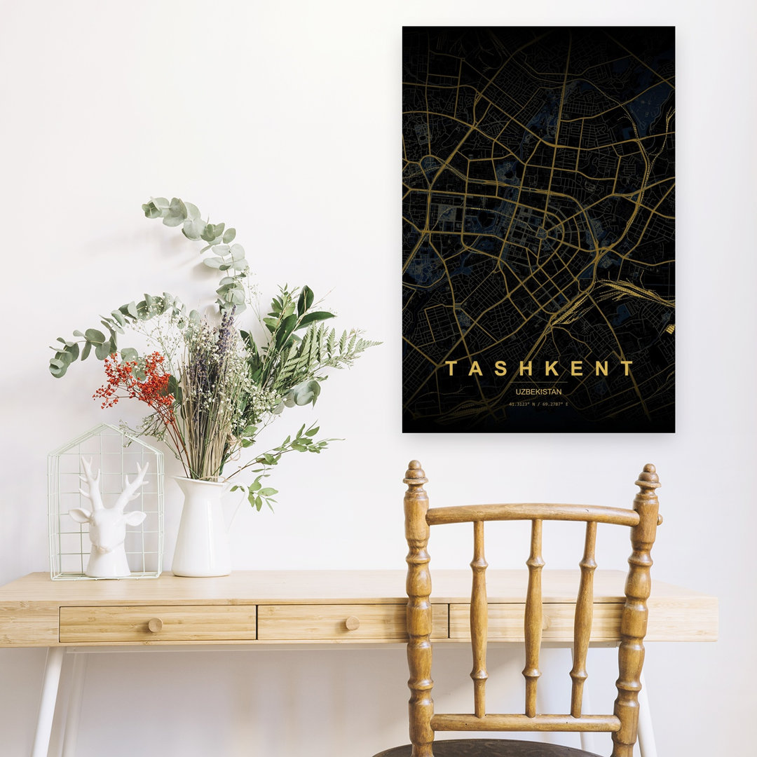 Golden Tashkent City Map Abstract Geometric Modern City Wall Art Print