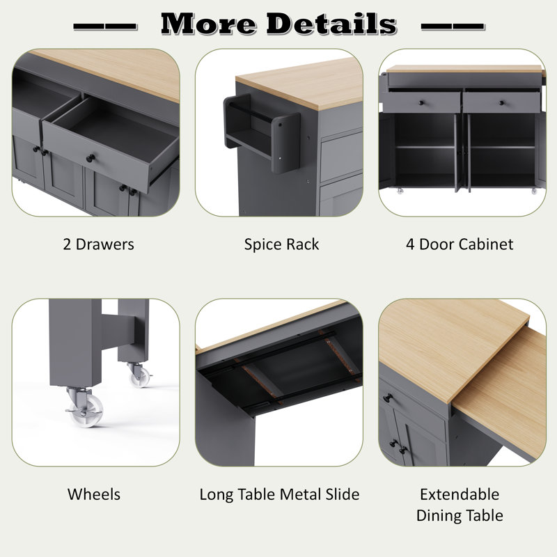 Lark Manor Rolling Kitchen Island With Extendable Dining Table, Spice ...