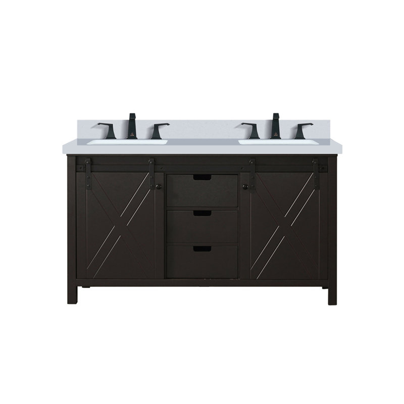 Meuble-lavabo double brun 60 po X P 22 po D, ensemble de comptoir et robinet en quartz blanc, Brown