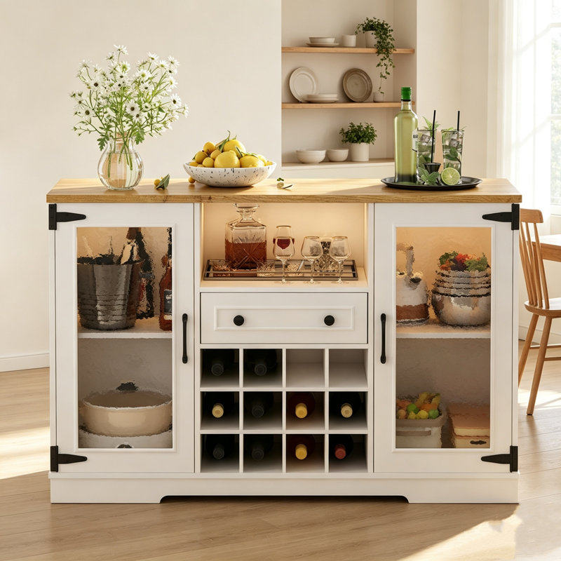 Cave à vin avec plateau rabattable pliable en mélamine, compartiments à vin, 2 portes vitrées effet vague, éclairage DEL, style campagnard, idéal pour salle à manger et salon, blanc naturel