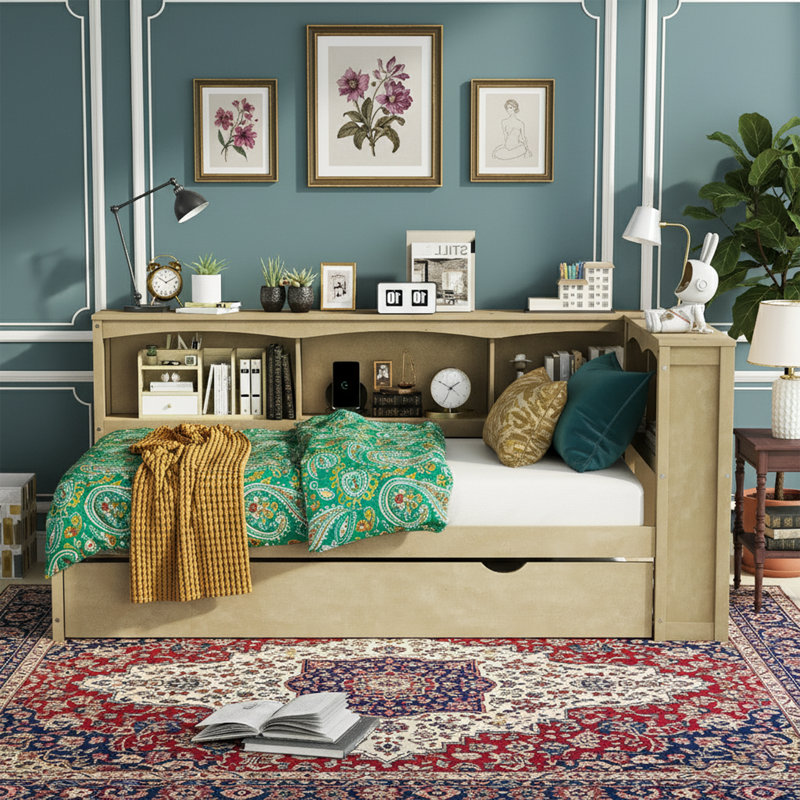 Wood Color Twin Daybed With Trundle – Storage Cabinets, Usb Ports, Tool-Free Assembly, Wood