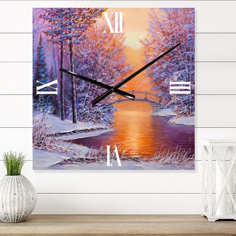 Pont sur la rivière dans un paysage d'hiver - Horloge murale traditionnelle, Moyen