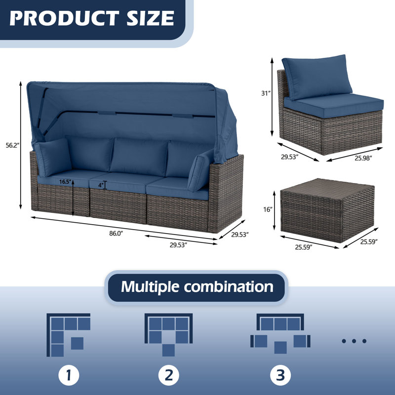 Canapé d'extérieur en osier de 29,53 po avec coussins Sunbrella® Anaelle, Bleu, Gris