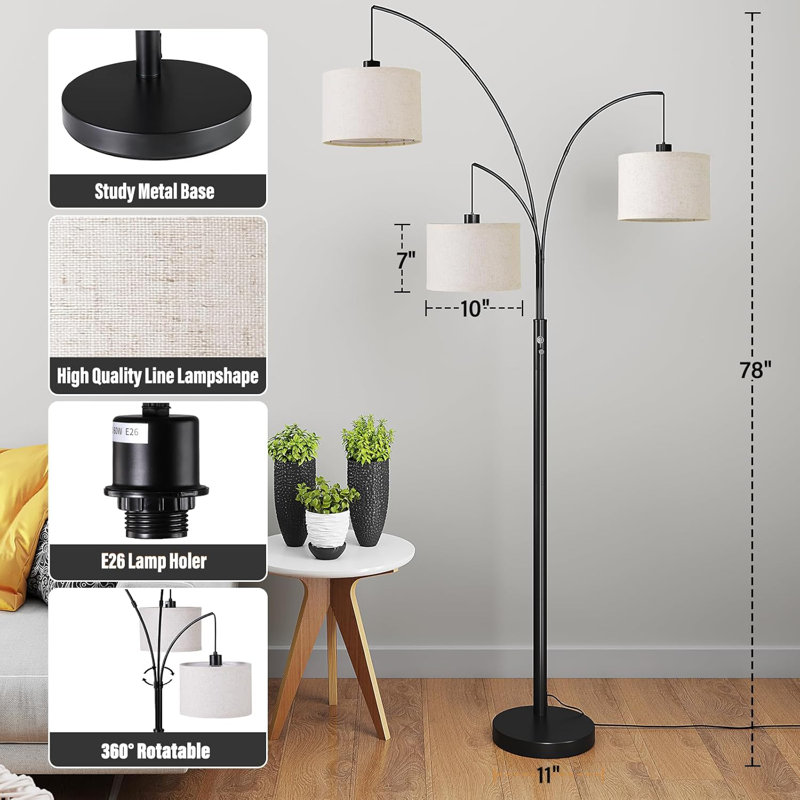 Lampe sur pied 3 lumières pour salon, lampe sur pied de 78 po de hauteur avec abat-jour tambour suspendu