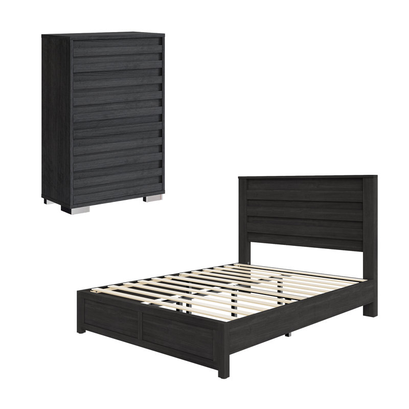 Ensemble de chambre à coucher, lit plateforme et commode 5 tiroirs Farmhouse, Grand, Noir