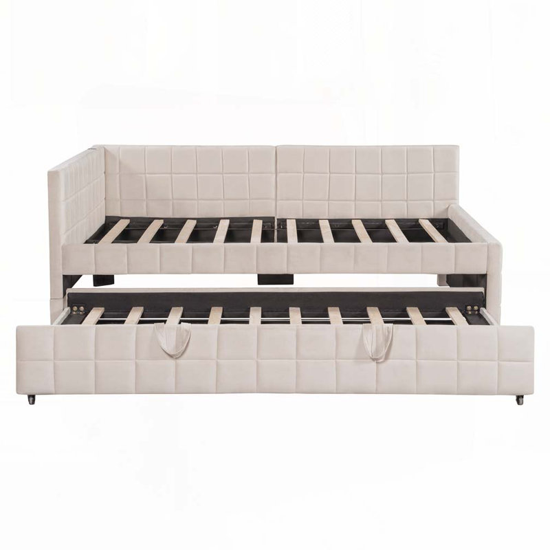 Upholstered L-Shaped Daybed with Pop Up Trundle and USB ports, Beige