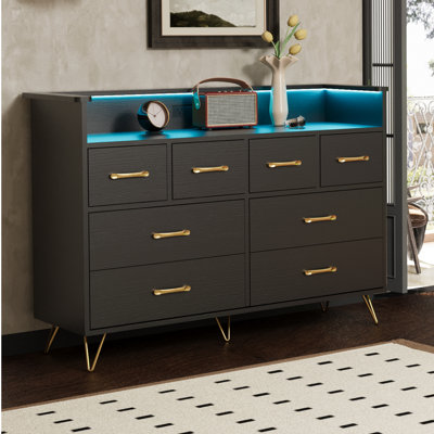 TV Stand Dresser For Bedroom With LED Light & Charging Station, 8 Drawers Wooden Dressers