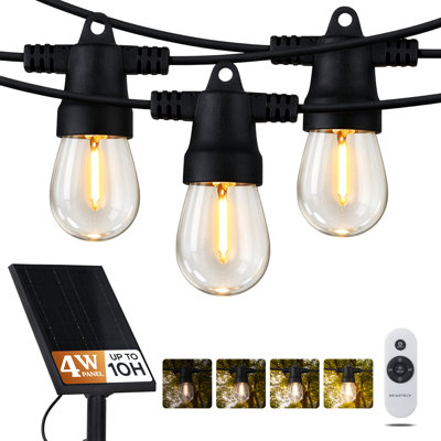 Woodroe Solar Powered & Plug In Outdoor String Lights With Remote - 48 Ft Dimmable Waterproof LED Patio Lights, 15 S14 Shatterproof Edison Bulbs For Backyard Deck - Soft White