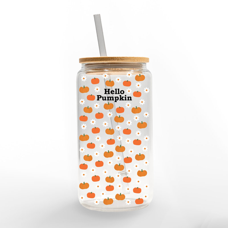 Hello Pumpkin Daisy Pattern Glass Can Cup With Lid and Straw