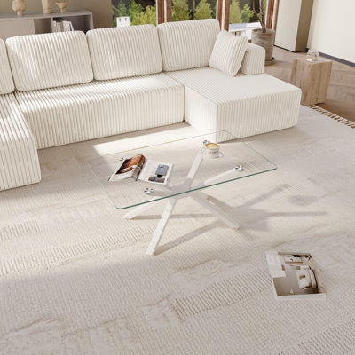 Table basse rectangulaire moderne en verre avec plateau en verre trempé et pieds en métal