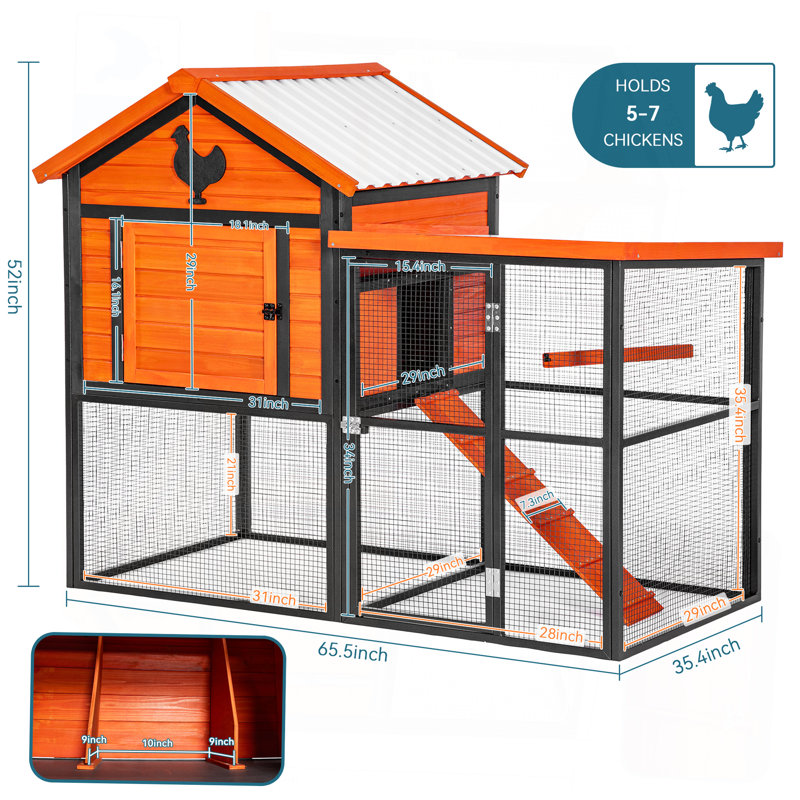 Poulailler en bois et en fer durable avec piste et toit imperméable, convient pour 5 à 7 poulets, nichoir intégré