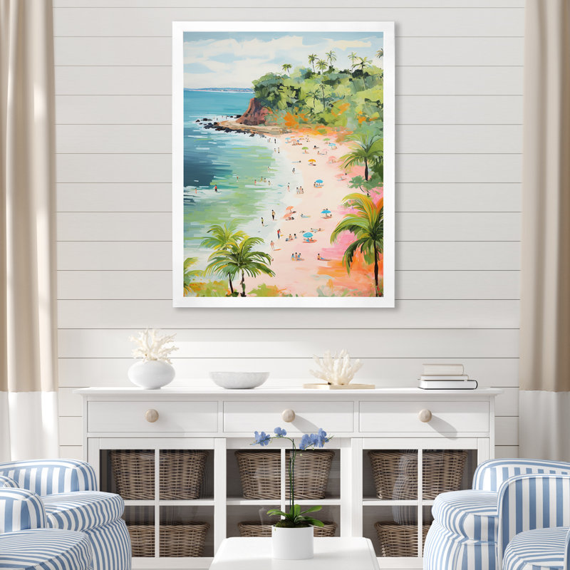 Scène de plage côtière, paradis en couleur pastel IV - plage, art mural, Cadre simple blanc, H 20 po x l 12 po x P 1 po