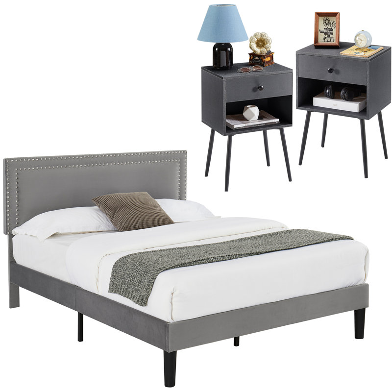 Ensemble de chambre avec lit plateforme 3 pièces Maybee, Gris, Grand