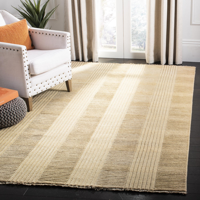 Tapis beige en laine noué à la main, Rectangle 4 pi x 6 pi