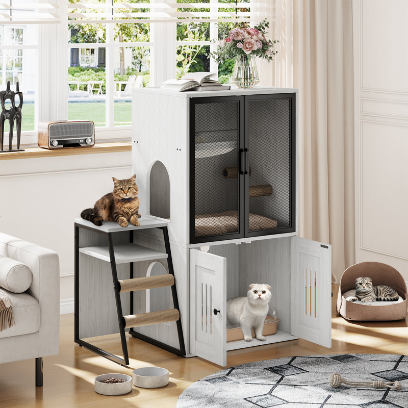 Meuble de toilette pour chat moderne pour chat – Rangement dissimulé, échelle, hamac, porte grillagée en métal – Meuble de toilette pour chat résistant aux chiens – Blanc