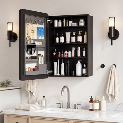 Armoire à pharmacie Ahn encastrée ou en saillie avec miroir, étagères réglables et rangement derrière la porte