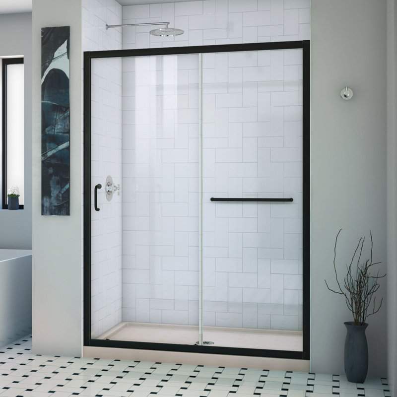 Infinity-Z 74.75" H Framed Sliding Shower Enclosure, Brushed Nickel, Biscuit
