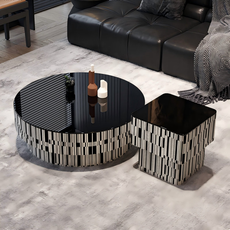 Ensemble de tables basses noires rondes et carrées avec plateau en verre trempé