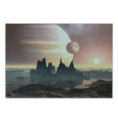 Ambesonne Fantasy Tempered Glass Cutting Board Twin Moons over Planet Blush Yellow Dark Brown