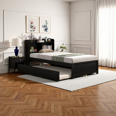 Elegant Twin Bed with Trundle & Bookcase - Espresso Finish, Space-Saving & Stylish