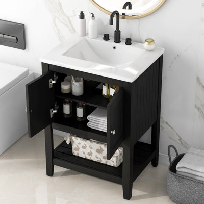 Black Bathroom Cabinet With Ceramic Sink & Solid Wood Frame Construction Vanity