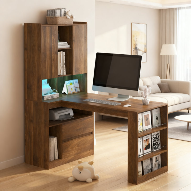 L-Shaped Computer Desk With LED Light, Bookshelf & Storage Drawers