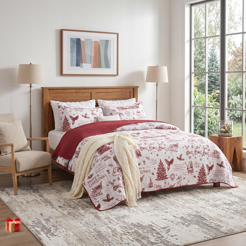 Ensemble de courtepointe de Noël avec imprimé festif, ensemble de literie en microfibre douce avec rembourrage en polyester, literie de Noël confortable