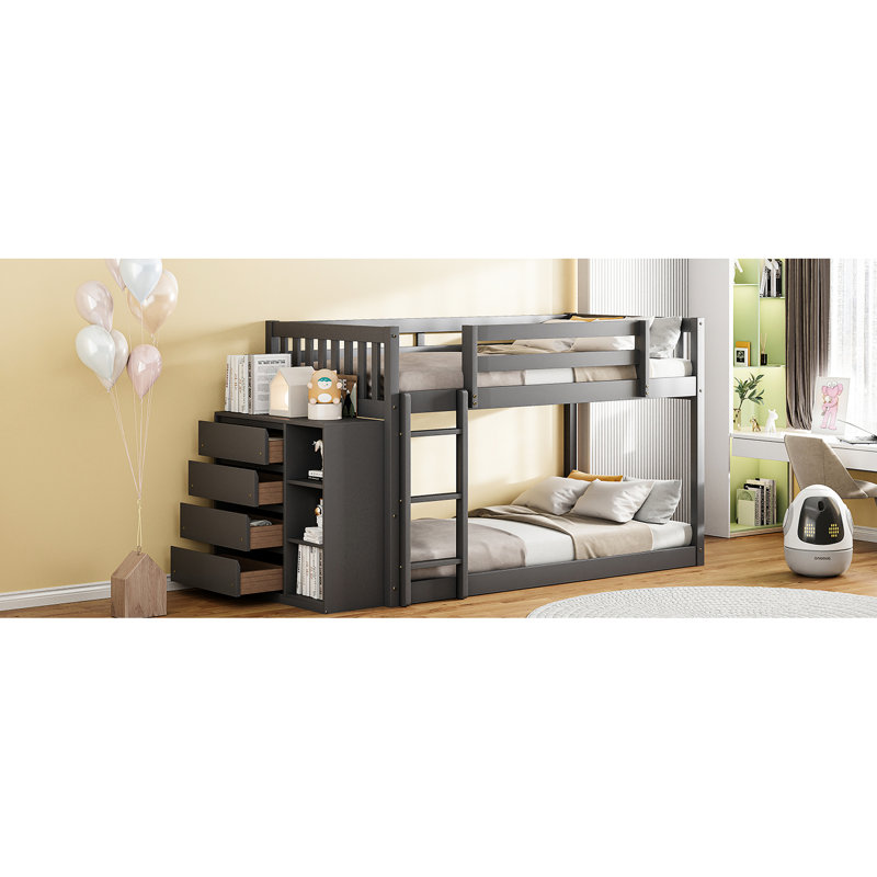Lit simple superposé au-dessus avec 3 tablettes et 4 tiroirs, conception robuste gris, Lit simple, Gris
