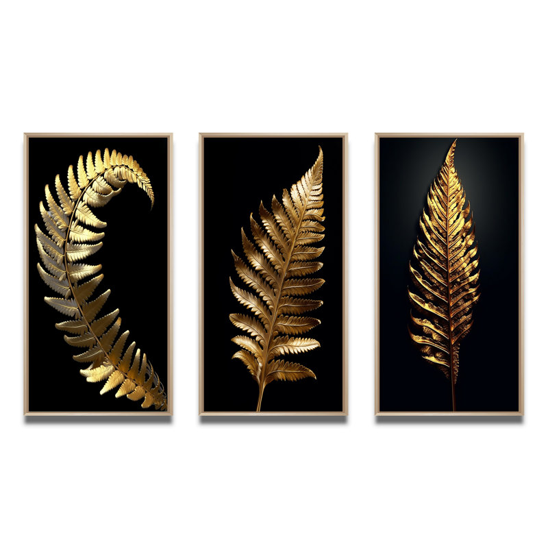 «Golden Fern Leaf On Black I», 3 pièces sur toile, Cadre naturel flottant, H 40 po x l 60 po