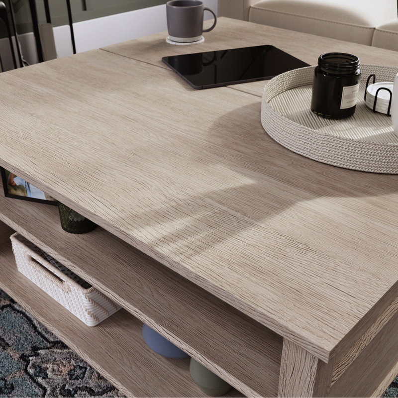Lift - Top Coffee Table, Brown Oak Finish, Spacious Surface For Yoga, Hidden Storage Blankets, Open Shelving Controllers, Build Home Use, 36.14 Inches Square, Simple Installation Table With Like Work