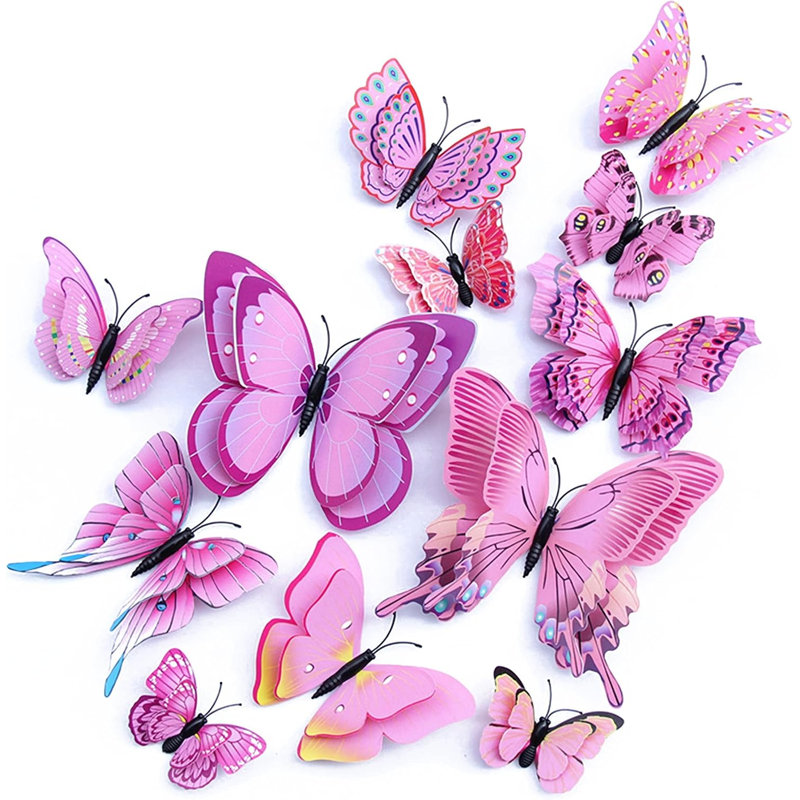 Lot de 24 autocollants muraux papillons roses 3D aimantés