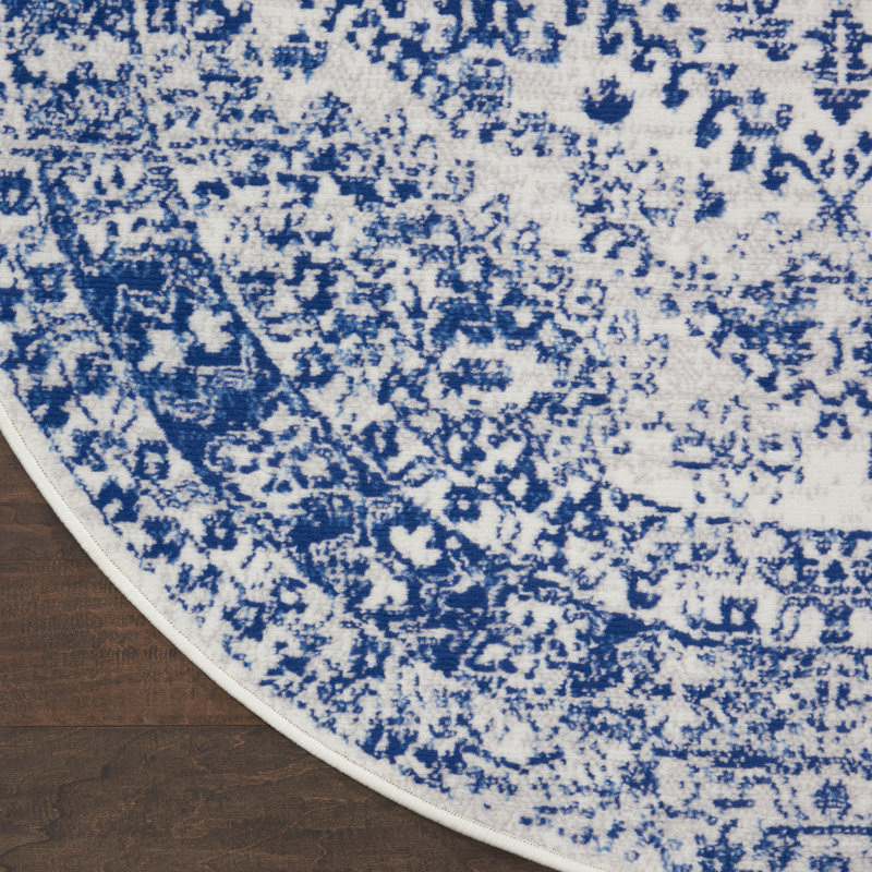 Tapis géométrique bleu / blanc Concow, Rond 5 pi