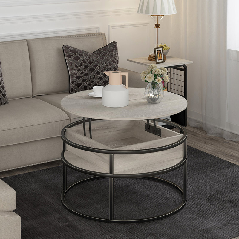 Rothwell Lift Top  Coffee Table ,Extendable Round Cocktail Table, 61.5cm H x 80cm W x 80cm D, Light Maple, Black