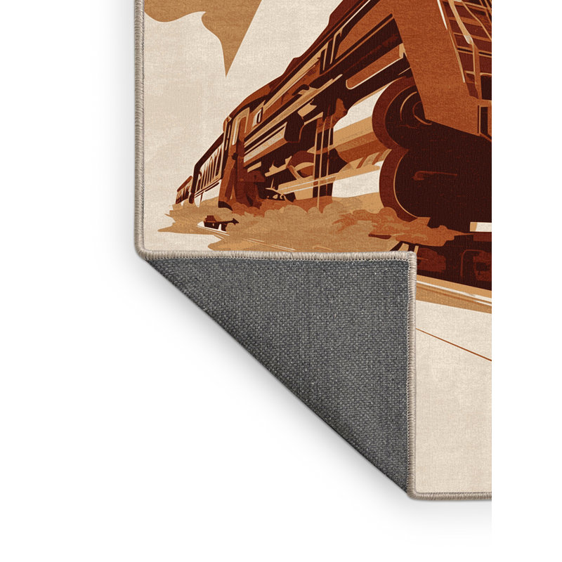 Soft Plush Eddyville Old Mining Train Modern Area Rug in Beige – Beige Binding, 7x9