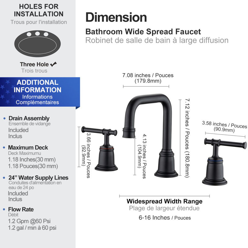 Widespread 2-handle Bathroom Sink Faucet with Drain Assembly, Matte Black