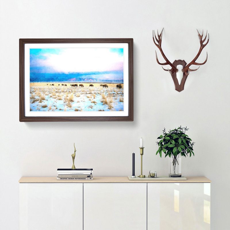 Grazing Bison in Utah 1 Piece Single Picture Frame Wall Art on MDF, 33cm H x 45cm W x 2cm D, Walnut Framed
