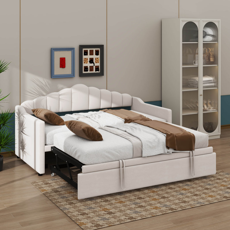 Upholstered Twin Daybed with Height-Adjustable Pop-Up Trundle, USB & Type-C Ports, Beige