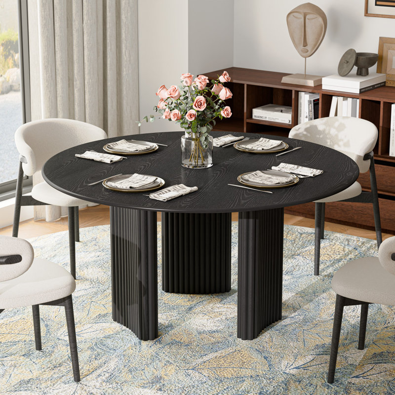 52" Round Black Oak Dining Table with 3 Legs Modern Kitchen Table with Solid Wood Base Seats 6 for Living Room Dining Room