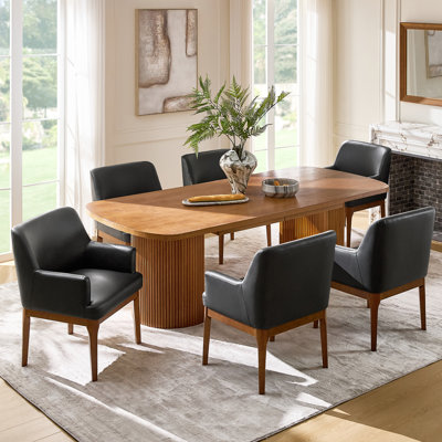 Stanley 24.5"W Mid-Century Modern Leather Dining Chair Set with Solid Wood Legs