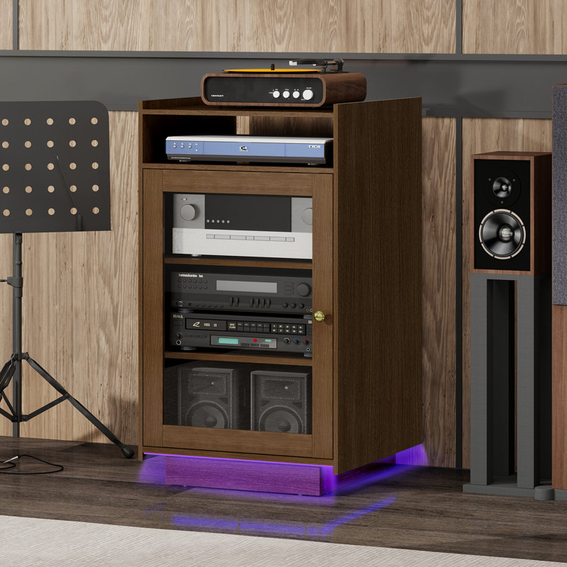 Media Cabinet With Tempered Glass Door, 5-Tier Stereo Cabinet With Adjustable Shelves, Media Stand With LED Light, AV Rack With Cable Management For Meeting, Living, Recording Room