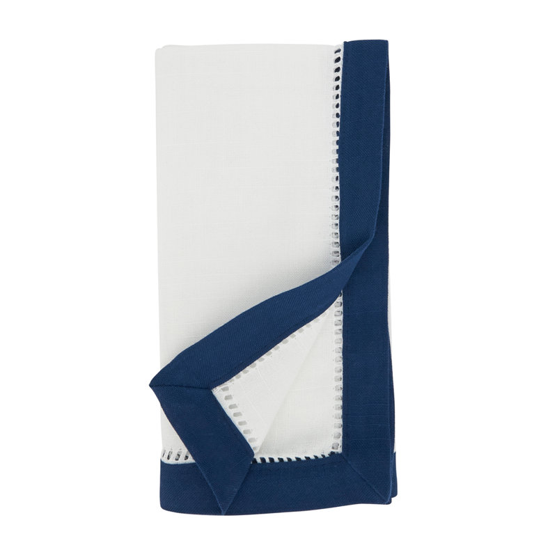 Contrast Border Two-tone Hemstitch Cloth Napkins 20" W X 20" L, Set Of 4, Navy Blue