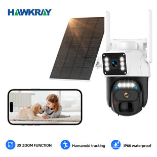 Caméra de sécurité solaire Hawkray - double objectif 360 °, WIFI 5G / 2,4G, suivi automatique, alarme projecteur / sirène, vision nocturne couleur 3mp, IP66 imperméable