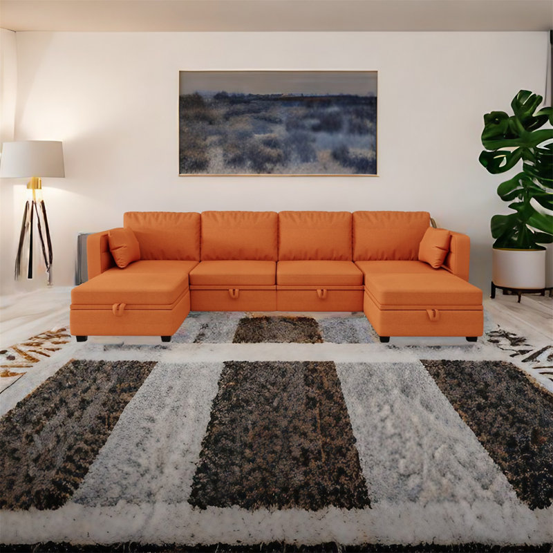 Canapé modulaire 6 pièces rembourré, Mélange de lin orange